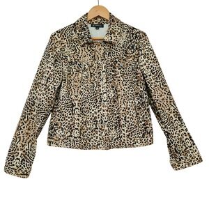 INC Leopard Print Trucker Jacket L Women‎ Tan Brown Animal Denim Mobwife